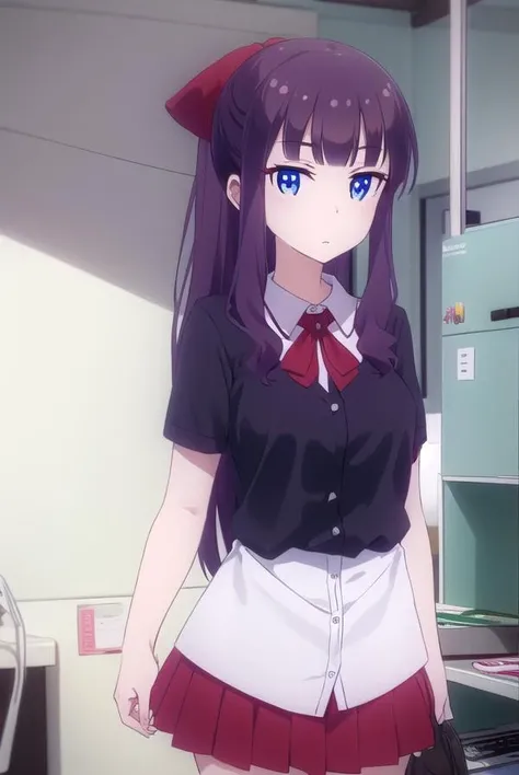 hifumitakemoto, <lora:hifumi takemoto s2-lora-nochekaiser:1>,
hifumi takemoto, long hair, bangs, blue eyes, bow, ponytail, purple hair, hair bow,
BREAK skirt, shirt, thighhighs, white shirt, black thighhighs, red skirt,
BREAK indoors, office,
BREAK looking at viewer, (cowboy shot:1.5),
BREAK <lyco:GoodHands-beta2:1>, (masterpiece:1.2), best quality, high resolution, unity 8k wallpaper, (illustration:0.8), (beautiful detailed eyes:1.6), extremely detailed face, perfect lighting, extremely detailed CG, (perfect hands, perfect anatomy),