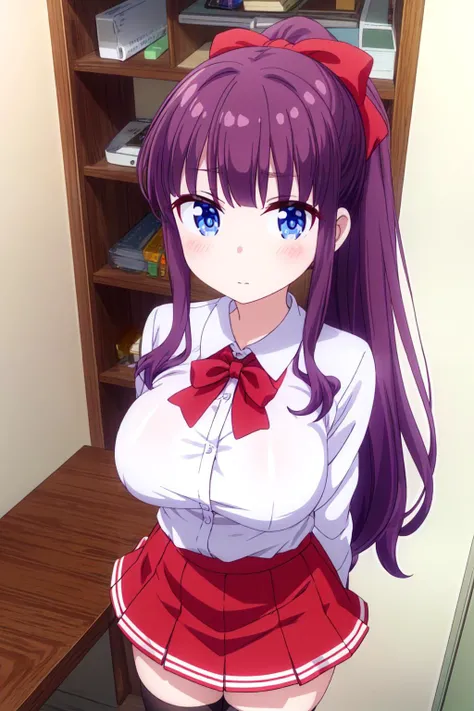 (masterpiece:1.2), (Highest_quality:1.2), 超High resolution, Super detailed, 8K, High resolution, High resolution, anime, Very detailed, (Highest shadow), (Absurd), 
BREAK hifumi takemoto, (Large Breasts), (Perfect Proportions:1.2), (Tight waist), 
Cut long hair, bangs, blue eyes, bow, ponytail, Purple Hair, hair bow,
Break Close Up, Upper Body, machine, indoor, office, blush, Cowboy Shot, Seductive pose, View your viewers, Fully nude,With nipples,Pussy in full view