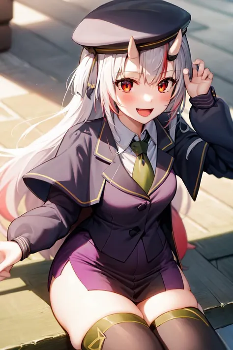 masterpiece, best quality, absurdres, perfect anatomy, 1girl, solo, Nakiri Ayame, long hair, smile, sitting, chair, :d, AtlasUniformFemale, miniskirt, collared shirt, purple thighhighs, beret, green necktie, purple capelet, purple jacket, <lora:AtlasUniform:1>