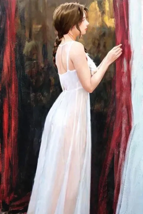 masterpiece,best quality,absurdres,photorealistic,mature female,sagging breasts,<lora:meijing:0.6>,brown_hair,brown_eyes,long_hair,large_breasts,single_braid,cleavage,hair_over_shoulder,long white dress,see-through,