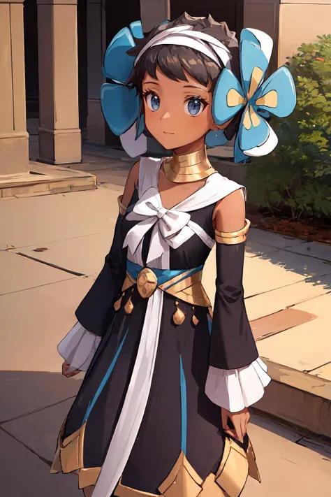 masterpiece, best quality, highres, solo, fallPhoebe, dark skin, hairband, hair flower, blue flower, black dress, bow, detached sleeves, <lora:phoebe-nvwls-v1:1>, courtyard, ornate fountain, cobblestone paths, tranquil, <lora:add_detail:0.5>