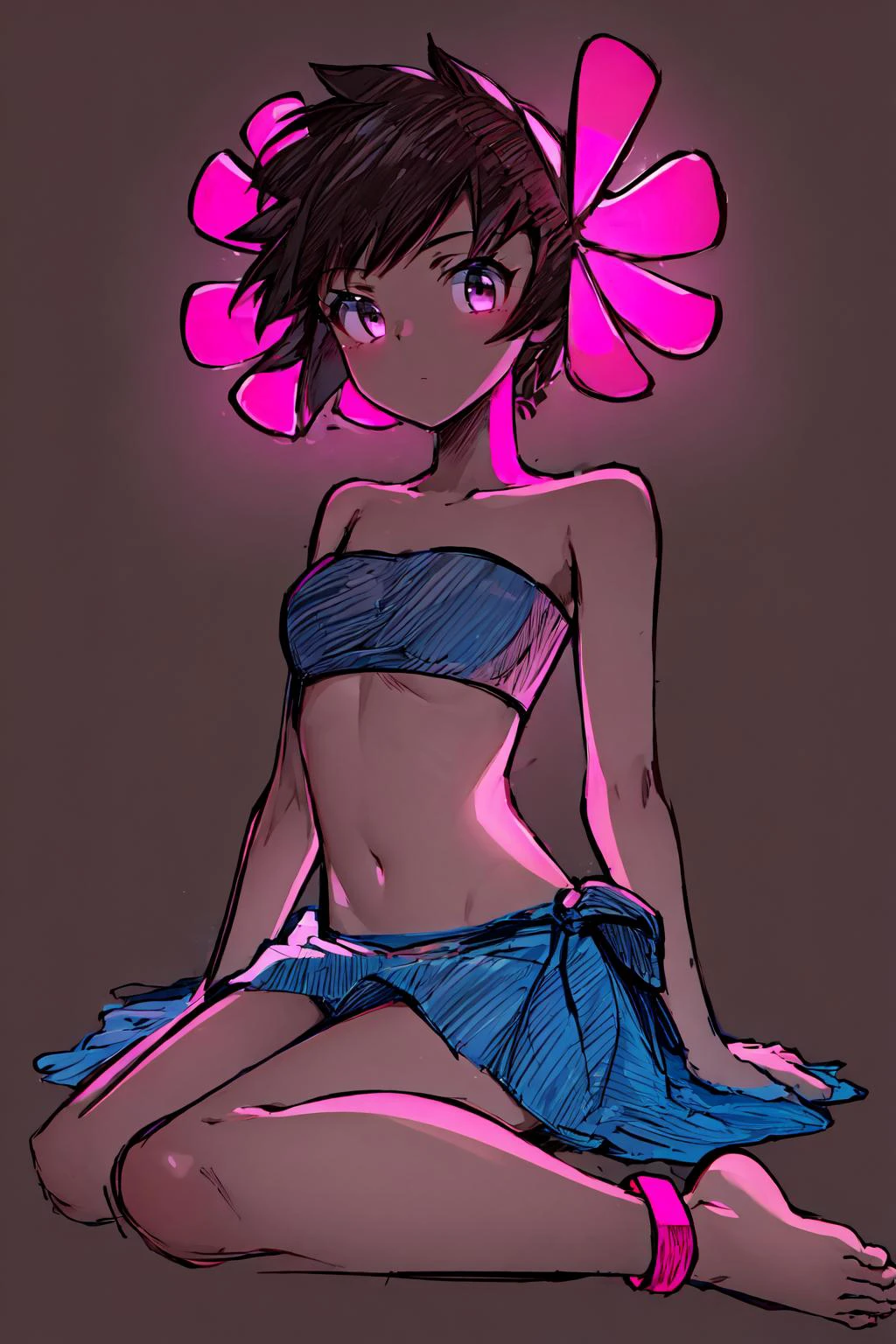 masterpiece, best quality, highres, solo, defPhoebe, dark skin, hair flower, pink flower, tube top, strapless, midriff, sarong, skirt, anklet, barefoot, <lora:phoebe-nvwls-v1:1>, glowart, glowing, sketch, drawing, <lora:glowingArt_v10:0.85>, simple background, <lora:add_detail:0.5>