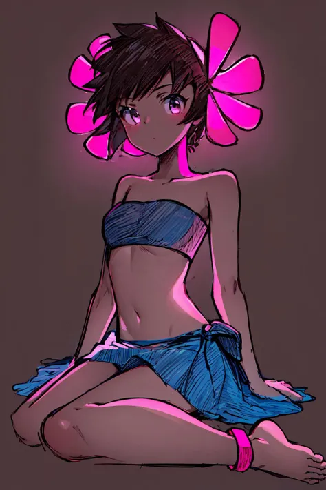 masterpiece, best quality, highres, solo, defPhoebe, dark skin, hair flower, pink flower, tube top, strapless, midriff, sarong, skirt, anklet, barefoot, <lora:phoebe-nvwls-v1:1>, glowart, glowing, sketch, drawing, <lora:glowingArt_v10:0.85>, simple background, <lora:add_detail:0.5>