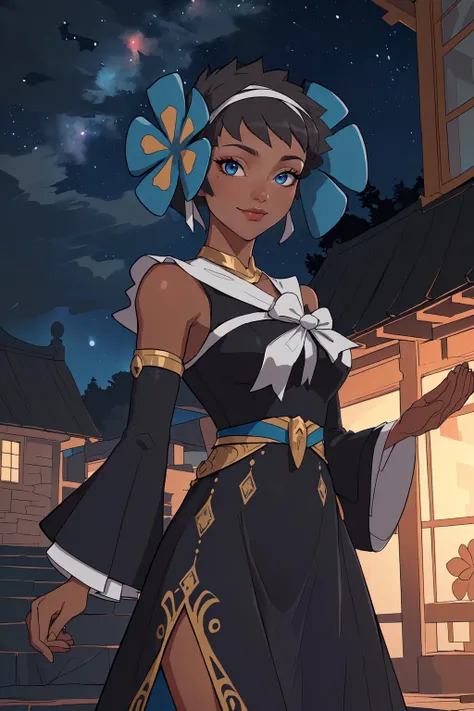 (masterpiece,best quality,absurdres,beautiful,intricate,4k,detailed,aesthetic),outside,night sky,1girl,fallPhoebe, dark skin, hairband, hair flower, blue flower, black dress, bow, detached sleeves,slight smile, <lora:phoebe-nvwls-v1:0.8>