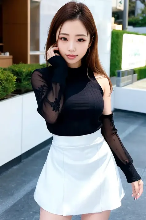 (skin blemish:1.2), (skindentation), black eye, 1woman, 25yo, (((woman))), solo, realistic, best quality, photorealistic, masterpiece, 8k, high res, solo, extremely detailed face, (professional lighting, bokeh), (light particles, lens flare, glowing particles:0.6), (dynamic pose:1.2), soft lighting, top angle view, fashionable and trendy atmosphere, japan, street, tokyo, garden, ice skating rink, ice rink, ((daytime)), sky, ((looking at the viewer:1)), (looking at the camera),(portrait:0.6), cowboy shot, gorgeous, standing, keep original facial proportion, wide shoulder, full body, (small breast), (medium hair), brown hair, floating hair, seductive smile, floating hair, smile, open_mouth, teeth, (sleeves less white blouse), (jumper skirt), eyelashes, mole, (mole under eye:1), <lora:MaisyM:0.8>