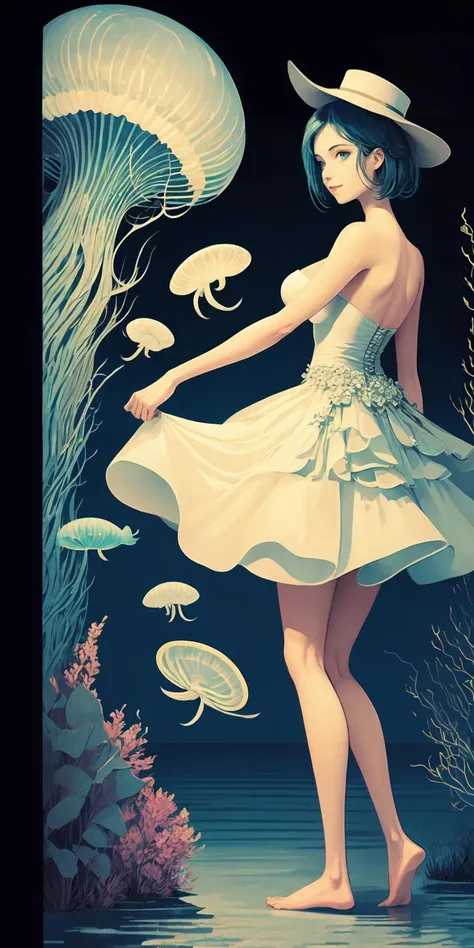 <lora:Book of the Sun Style:0.9>, BookOfTheSun, black background, colored lineart,
1girl, blue hair, dress, jellyfish, bare legs, bare shoulders, barefoot, blue eyes, white dress, solo, breasts, looking at viewer, fish, legs, hat, medium breasts, bare arms, artist name, short hair, water, backless outfit, backless dress, strapless, smile, feet, strapless dress,