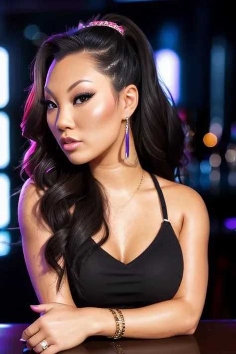 portrait photo of asaakira beautiful woman hair updo upsweep nightclub sitting at bar (masterpiece) (best quality) (detailed) (8k) (HDR) (wallpaper) (cinematic lighting) (sharp focus) (intricate)
