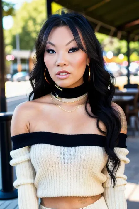 asaakira, piercing eyes, looking straight, very happy,long hair, wearing an off-shoulder sweater, choker, closeup portrait, in a outdoor cafe in 2015, afternoon light
