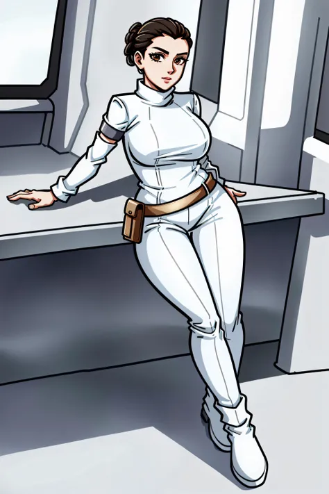 padme sd, looking at viewer, breasts, brown hair, brown eyes, ((mature female)),white cap, ((white outfit)), hair bun, spaceship interior, full body, cel shading, ,<lora:padme sd -000009:0.6>,