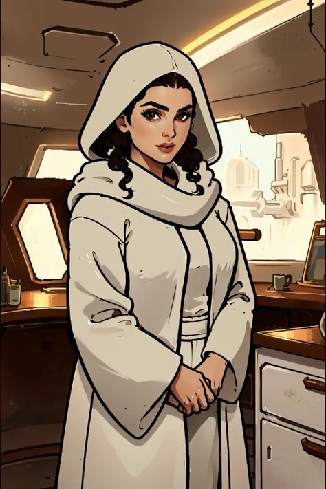 padme sd, looking at viewer, brown hair, brown eyes, ((mature female)),robe,((hood up)),long hair, very curly hair, apartment, spaceship interior, portrait, <lora:padme sd -000009:0.7>, <lora:more_details:-1>
