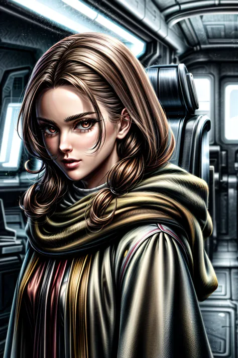 padme sd, looking at viewer, brown hair, brown eyes, ((mature female)),robe,((hood up)),long hair, very curly hair, apartment, spaceship interior, portrait, <lora:padme sd -000009:0.7>, <lora:more_details:1.5>
