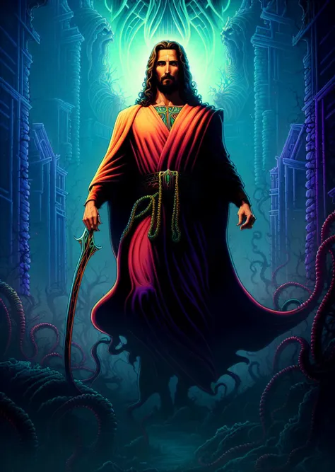 By danmumford extremely epic illustration portrait of beautiful jesus christ - cinematic Lovecraft colors - cinematic atmosphere - 4k uhd image - Drawing in the style of Dan Mumford - Clothing and landscape in the style of Dan Mumford - Face and hair in the style of Dan Mumford