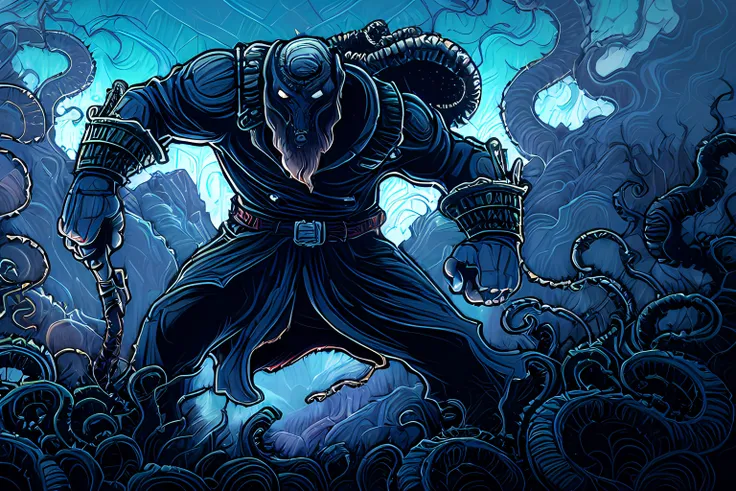 By Dan Mumford - Extremely epic illustration close up - Cinematic Lovecraft colors - Cinematic atmosphere - 4k uhd image - Drawing in the style of Dan Mumford - Clothing and landscape in the style of Dan Mumford