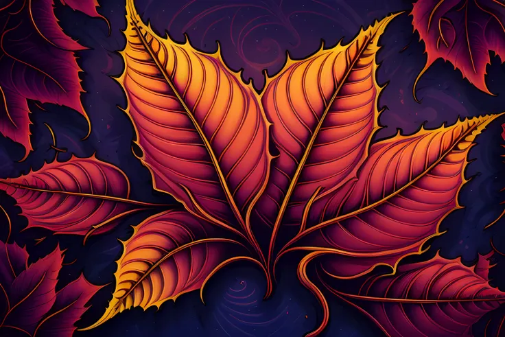 Deatiled art By Dan Mumford in 8k format . Beautiful psychedelic autumn leaf close-up . Greg Rutkowski colors. Extreme large number of details . Cinematic atmosphere