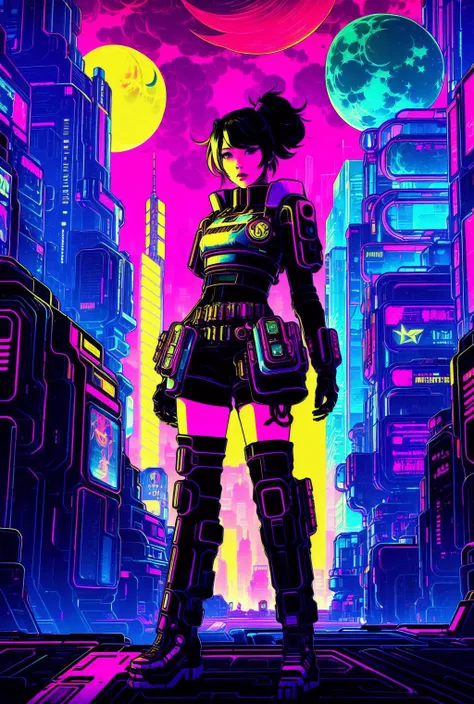 Cute girl. cyberpunk themed. Magical art. High contrast. silhouetted by a moonlit sky, giant moon in the sky. in the middle of a sleepy city in a snowy night. In the style of Rembrandt and Akihiko Yoshida. Intricate.  Detailed, highly detailed, digital painting, trending on artstation, sharp focus, illustration. Sharp. Clear. Bright and colorful.