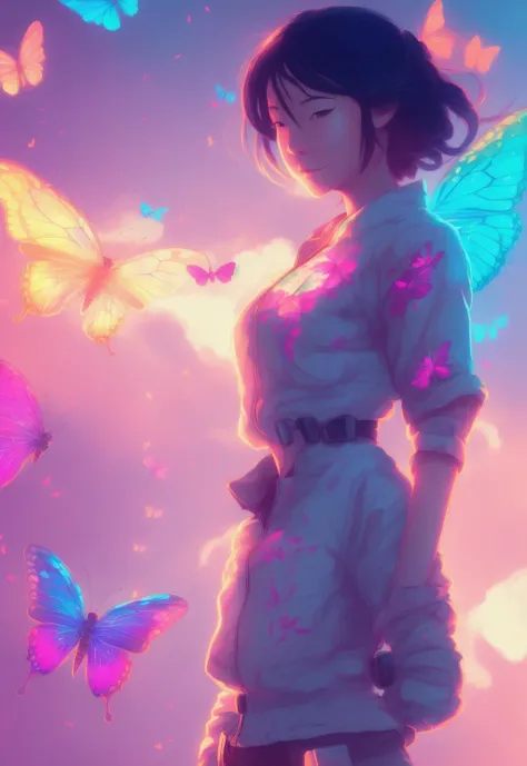 Danmumfordstyle, woman with aoi miyazaki, clean soft lighting, 4k hd wallpaper illustration character design concept colorful joy atmospheric lighting butterfly