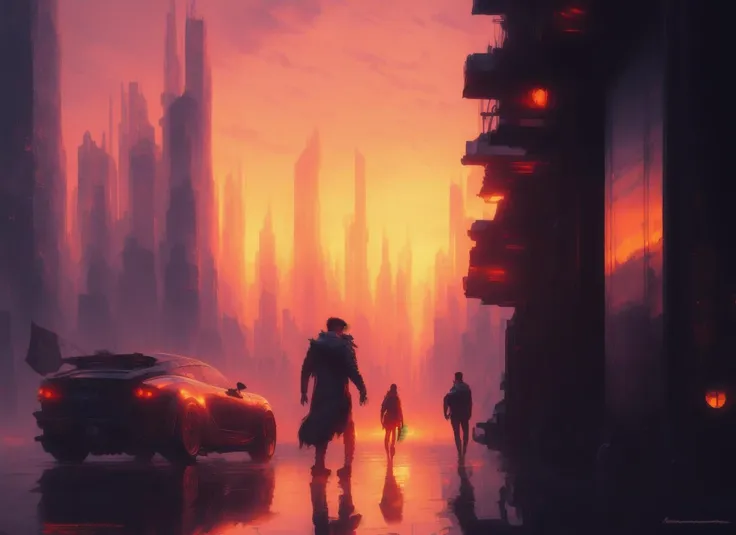 Danmumfordstyle, city background, sunset, neuromancer, henry dorsett case, painted by stanley lau, painted by greg rutkowski, painted by stanley artgerm, digital art, trending on artstation