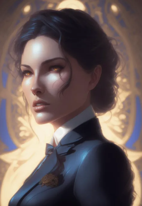 Danmumfordstyle, woman in black business suit, blue tie, cinematic, symmetrical, dramatic studio lighting, rococo, baroque, jewels, asian, hyperrealism, closeup, D&D, fantasy, intricate, elegant, highly detailed, digital painting, artstation, octane render, 8k, concept art, matte, sharp focus, illustration, art by Artgerm and Greg Rutkowski and Alphonse Mucha