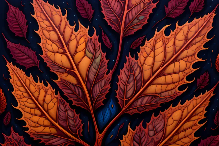 Deatiled art By Dan Mumford in 8k format . Beautiful psychedelic autumn leaf close-up . Greg Rutkowski colors. Extreme large number of details . Cinematic atmosphere