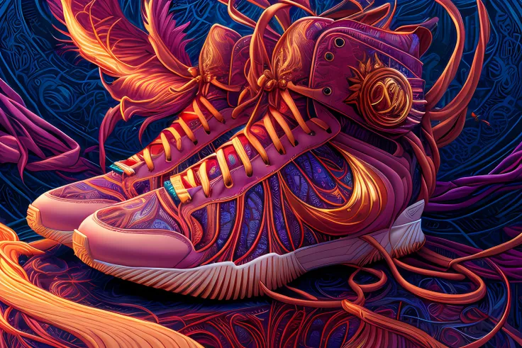 Deatiled complete art By Dan Mumford in 8k format . HQ, Vivid colors and Sharp fosus, Extremely detailed intricate details . Close-up - Beautiful stylish modern fantastical sneaker . Greg Rutkowski and Greg Tocchini colors. Extreme large number of details