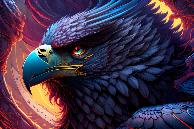 Deatiled complete art By Dan Mumford thick black brush in 8k format . HQ, Vivid colors and Sharp fosus, Extremely detailed intricate details . Close-up - Stunning fantastic amazing eagle eye . Greg Rutkowski and Greg Tocchini colors. Extreme large number of details