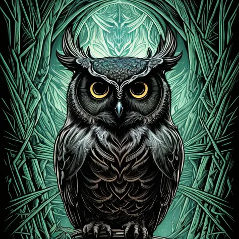 By (dan mumford:1.4) extremely epic illustration, an owl, intricate  intricate, dramatic lighting, (thick lines:1.3), thick contours, low detailed