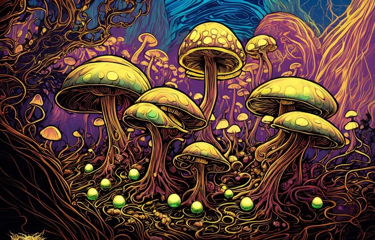 By (dan mumford:1.4) extremely epic illustration, fantasy enchanted beautiful mushroom with glowing pastel colors and gold, intricate, dramatic lighting, (thick lines:1.5), thick contours, low detailed