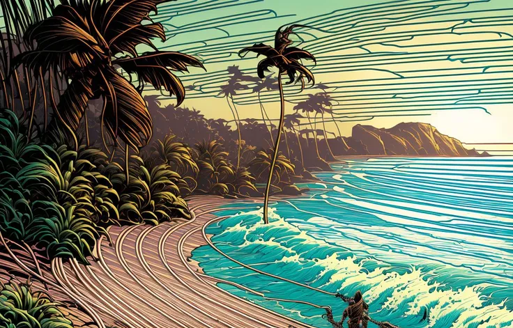 By (dan mumford:1.4) extremely epic illustration, beach, palms, ocean, intricate, dramatic lighting, (thick lines:1.5), thick contours, low detailed, white fluffy clouds,