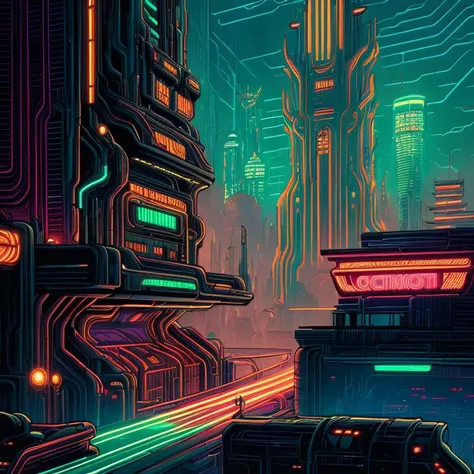 By (dan mumford:1.4) extremely epic illustration, a futuristic city, intricate, neon light, dramatic lighting, (thick lines:1.3), thick contours, low detailed