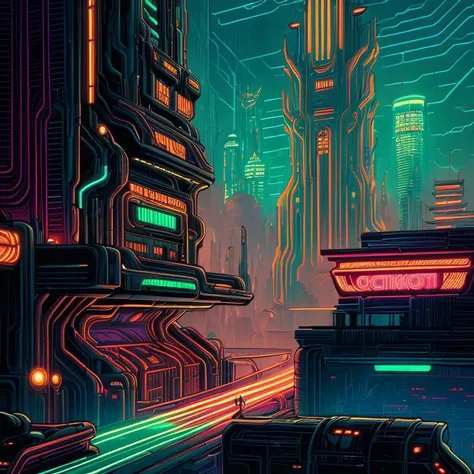 By (dan mumford:1.4) extremely epic illustration, a futuristic city, intricate, neon light, dramatic lighting, (thick lines:1.3), thick contours, low detailed