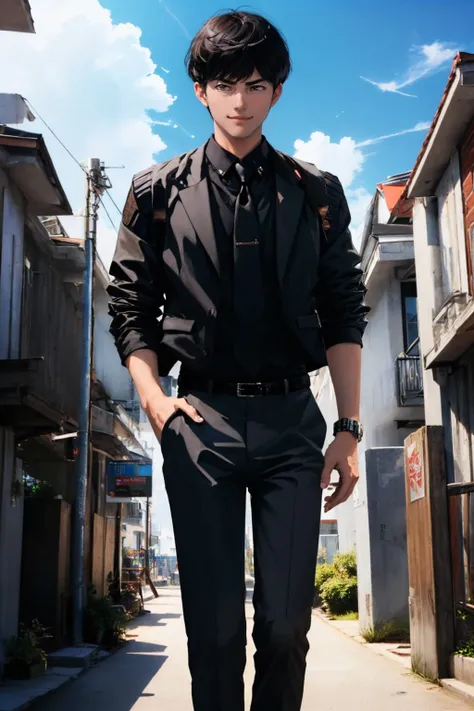 (masterpiece, best quality:1.2), solo, male focus, 1boy, kaneda shotaro, smile, looking at viewer, v-shaped eyebrows, allblacksuit, black jacket, black pants <lora:akira_kaneda:0.8> <lora:attire_allblacksuit-12:1>