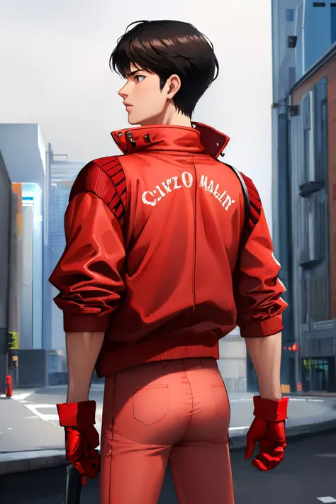(masterpiece, best quality:1.2), from behind, solo, male focus, 1boy, kaneda shotaro, looking back, red jacket, red gloves, red pants, city street <lora:akira_kaneda:1.0>