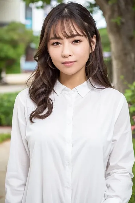 1girl, (wearing a white shirt:1.6),(RAW photo, best quality), (realistic, photo-realistic:1.4), masterpiece, an extremely delicate and beautiful, extremely detailed, 2k wallpaper, Amazing, finely detail, extremely detailed CG unity 8k wallpaper, ultra-detailed, highres, soft light, beautiful detailed girl, extremely detailed eyes and face, beautiful detailed nose, beautiful detailed eyes,cinematic lighting,(in the city:1.6),perfect anatomy,(slender body:1.8),smiling,(cowboy-shoty:1.8),(open eyes:1.4),(look at viewer),(face front:2.0),(front view:2.0),cinematic angle,(wavy hair), (brown eyes:1.8),(cleavage:0.8),(standing:1.8), <lora:kikuchisayaka_lora-03:0.8>