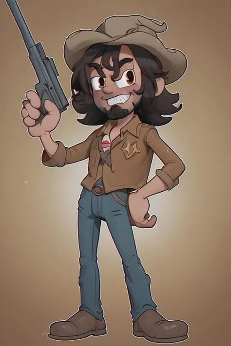 <lora:PE Classic Toon 1.5 Final:0.9> cartoon, character,PEOldCartoonStyle,
cowboy sherrif holding a gun,Masterpiece, high quality, best quality, highres,