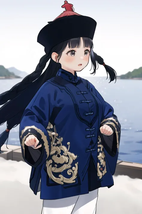 masterpiece,best quality,absurdres,high resolution,extremely detailed,1girl,( black hair, single braid, hime cut, blunt bangs, full-face blush, large breasts, dynamic pose, ),<lora:beiyannavy-v3:0.9:lbw=INMID:step=1-28>,(((beiyan, haoyi,oldnavy, wide sleeves, long_sleeves,qingcap,peacock feather,cowboy shot, ))) ocean,blue sky,outdoors,<lora:style21:1:lbw=OUTALL:step=10-28>,