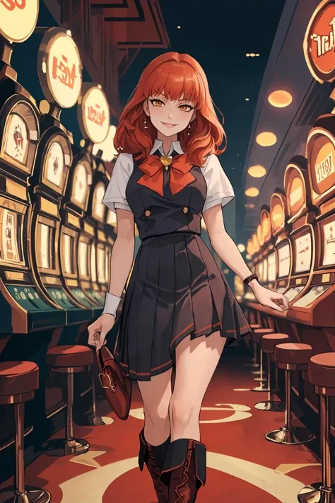 masterpiece, best quality, absurdres, 1girl, solo, smile, standing, facing viewer, <lora:EPfeCelica-08:0.7>, EPfeCelica, orange eyes, red hair, repetition, las vegas, casino, evening, arm support, school uniform, brooch, ankle boots, smirk