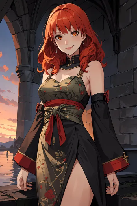 ultra realistic 8k cg, masterpiece, ((ultra detailed background, delicate pattern, intricate detail)), (highly detailed, fine details), best quality,  (photorealistic:1.4),beautiful lighting, absurdres, RAW photo, film grain,  NamiV2, 1girl, orange hair, solo, long hair, jewelry, ((medium breasts, slim girl, dress, red dress, elegant clothing, hair in a bun)), (((left shoulder tattoo))), brown eyes, smile, earrings, bracelet, bare shoulders, (complex detailed background, inside, castle room environment, medieval castle, gray walls, window, bookshelf), ((cowboy shot)),