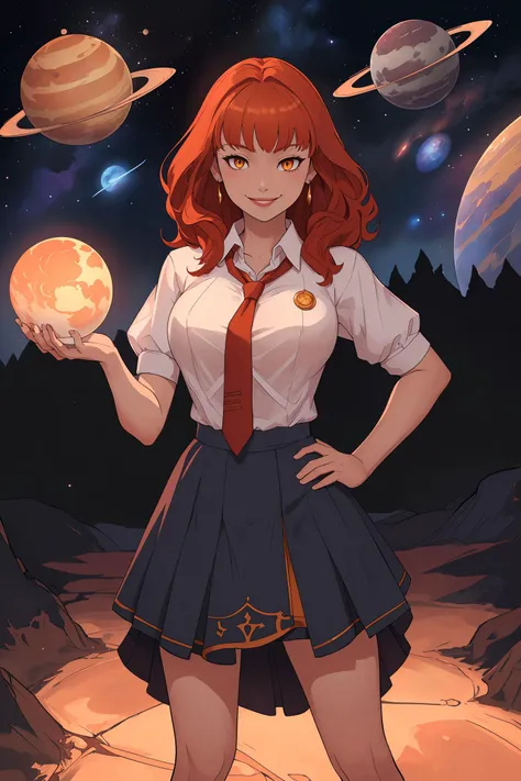 masterpiece, best quality, absurdres, 1girl, solo, smile, standing, facing viewer, <lora:EPfeCelica-08:0.7>, EPfeCelica, orange eyes, red hair, panorama, space, planets, dusk, pray hand on hip, collared shirt, indigo necktie, rolled skirt, spellbook, seductive smile