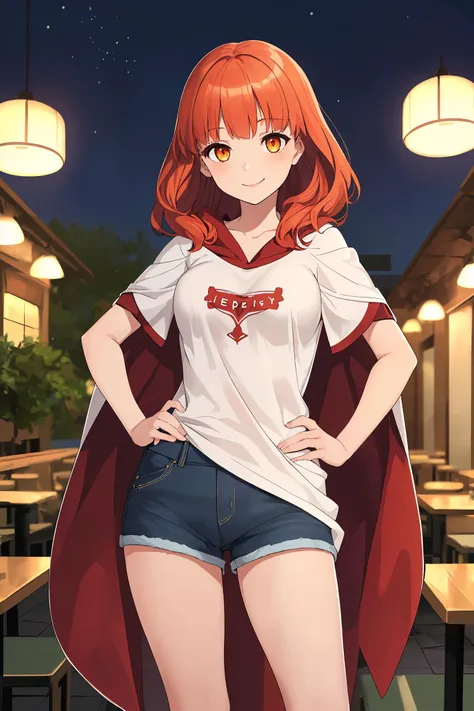 masterpiece, best quality, absurdres, 1girl, solo, smile, standing, facing viewer, <lora:EPfeCelica-08:0.7>, EPfeCelica, orange eyes, red hair, viewpoint, restaurant, evening, pray hand on hip, poncho, denim shorts, happy