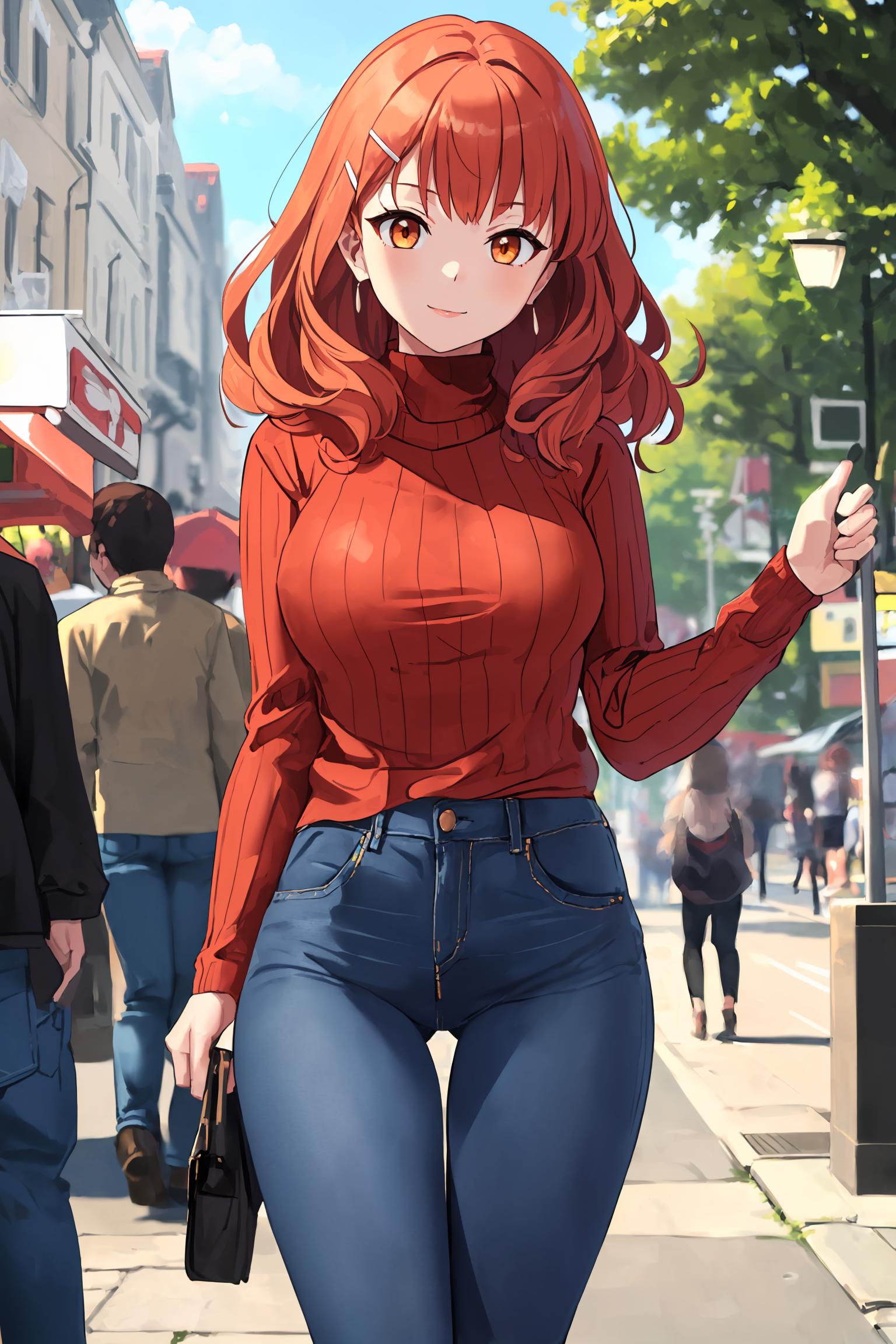 Anime girl in jeans and a red shirt walking down a street - SeaArt AI