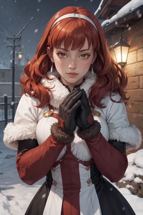(masterpiece, best quality, 4k, detailed, intricate, realistic),outside,snowing,1girl, epfecelica,earrings, hairband,red hair,orange eyes,fur coat,mittens,fur trim,breath,blush,red hair,orange eyes, <lora:EPfeCelica:0.8>