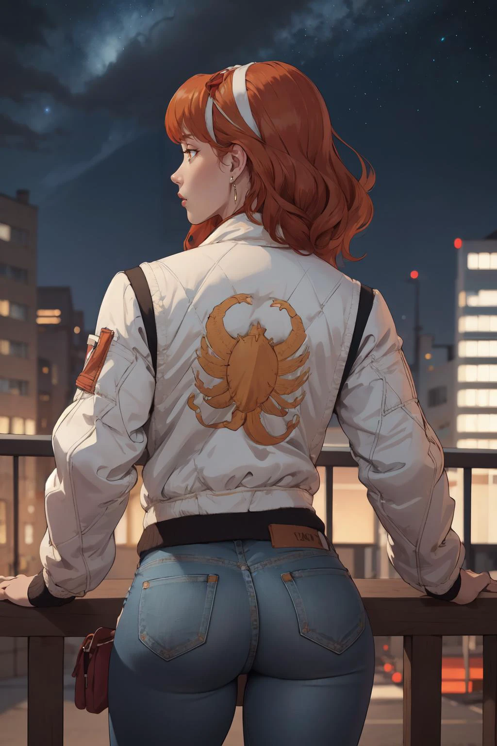 (masterpiece, best quality, 4k, aesthetic, detailed, intricate),outside,night sky,cityscape,from behind,jeans,1girl, epfecelica,earrings, hairband,red hair,orange eyes, print jacket, white jacket <lora:EPfeCelica:0.8> <lora:drivejacket-outfit-richy-v1:0.8>