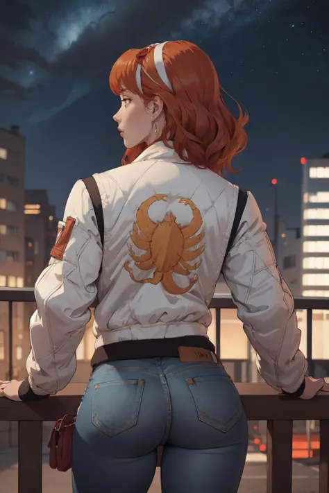 (masterpiece, best quality, 4k, aesthetic, detailed, intricate),outside,night sky,cityscape,from behind,jeans,1girl, epfecelica,earrings, hairband,red hair,orange eyes, print jacket, white jacket <lora:EPfeCelica:0.8>  <lora:drivejacket-outfit-richy-v1:0.8>