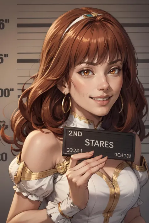 (masterpiece, best quality, 4k, detailed, intricate, realistic),red hair,orange eyes,,barbie mugshot, holding sign,height chart,upper body,1girl, epfecelica,earrings, hairband,bare shoulders,puffy sleeves,grin <lora:EPfeCelica:0.8> <lora:barbie_mugshot_B:0.8>