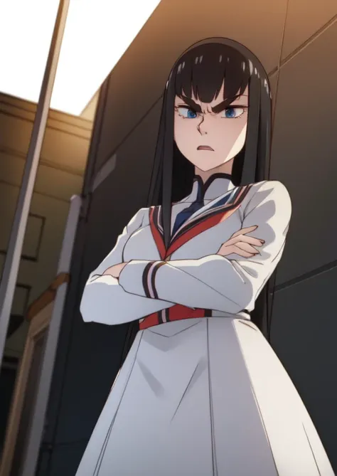 (masterpiece, best quality:1.2), extremely detailed, soft ambient lighting, sharp focus, 4K, BREAK <lora:satsuki-killlakill:0.8>, 1girl, solo, long black hair, blue eyes, satsuki kiryuuin, white dress, angry, closed mouth, BREAK outdoors, school yard, standing, from below, looking at viewer, crossed arms, BREAK