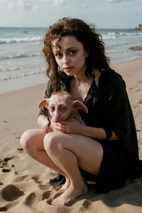 photo of a Bellatrix Lestrange and dobby, on the beach, harry potter style, analog style <lora:Dobby:0.6> <lora:Bellatrix Lestrange:0.6>