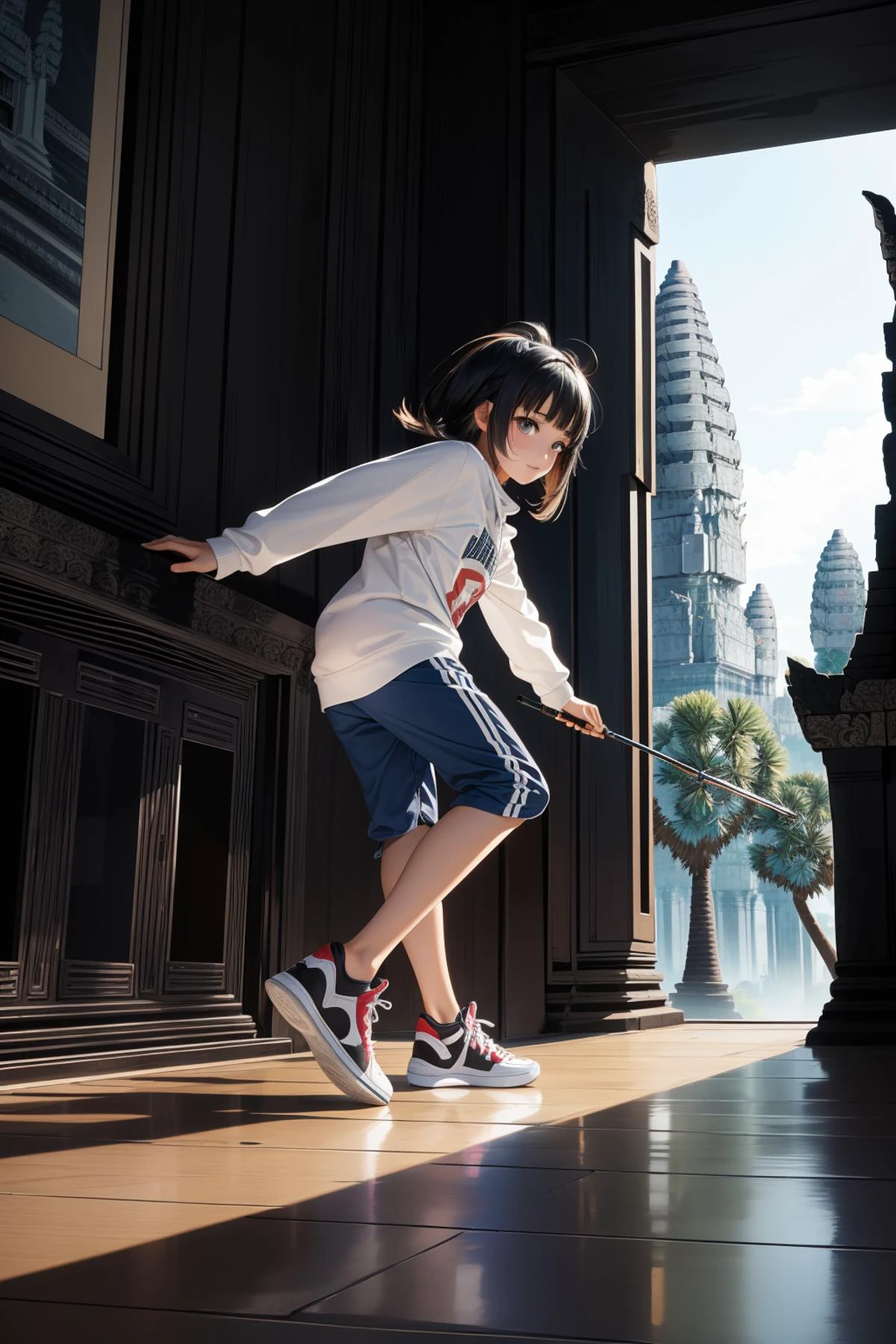 1girl, [ (art by RafaÅ OlbiÅski:0.9) : (Paul Rudolph:1.2) :18], epic, intricate background, medium shot of a ([Koala:Angkor Wat:2]:1.3) , it is very Infected and Sprawling, from inside of a Distinctive Megalopolis, Happy reeds and woods, Stars in the sky, Very wide view, Realistic, Cosy, Tenebrism, Black lighting, 35mm, Kinemacolor, full of dark blue, vignette, adobe lightroom, 4K, rocking skater style, sneakers