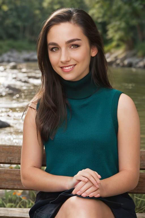 ((Full Body View)) of molly, ((Wearing a sleeveless turtleneck)), ((sitting on a bench next to a river)), 8k raw, high res, ultrarealistic, hyperrealistic, soft lighting, good lighting, textured skin, photorealism, DSLR photo, high details, detailed face, detailed hair, skin pores, (looking at viewer), (Real Eyes), (Detailed Eye Corneas), (detailed pupils), ((smiling)), photo lab, elegant, insane details, hyperdetailed, low contrast, epiCRealism, Detailed and realistic photography, intricate and realistic eyes, shot outside, skin texture, soft natural lighting, 85mm lens, magical photography, dramatic lighting, ultra-detailed, Kodak 800T, (((SFW))) <lora:Molly Ephraim:0.85>