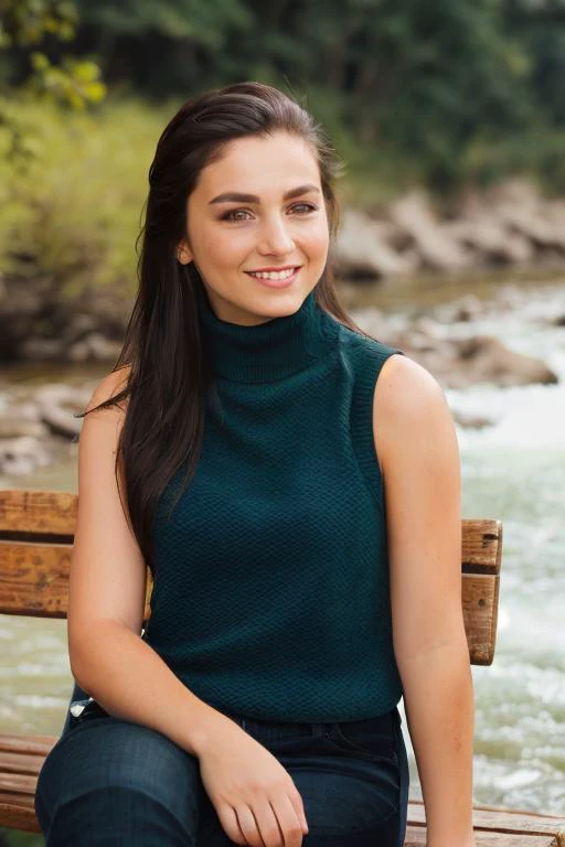 ((Full Body View)) of molly, ((Wearing a sleeveless turtleneck)), ((sitting on a bench next to a river)), 8k raw, high res, ultrarealistic, hyperrealistic, soft lighting, good lighting, textured skin, photorealism, DSLR photo, high details, detailed face, detailed hair, skin pores, (looking at viewer), (Real Eyes), (Detailed Eye Corneas), (detailed pupils), ((smiling)), photo lab, elegant, insane details, hyperdetailed, low contrast, epiCRealism, Detailed and realistic photography, intricate and realistic eyes, shot outside, skin texture, soft natural lighting, 85mm lens, magical photography, dramatic lighting, ultra-detailed, Kodak 800T, (((SFW))) <lora:Molly Ephraim:0.85>