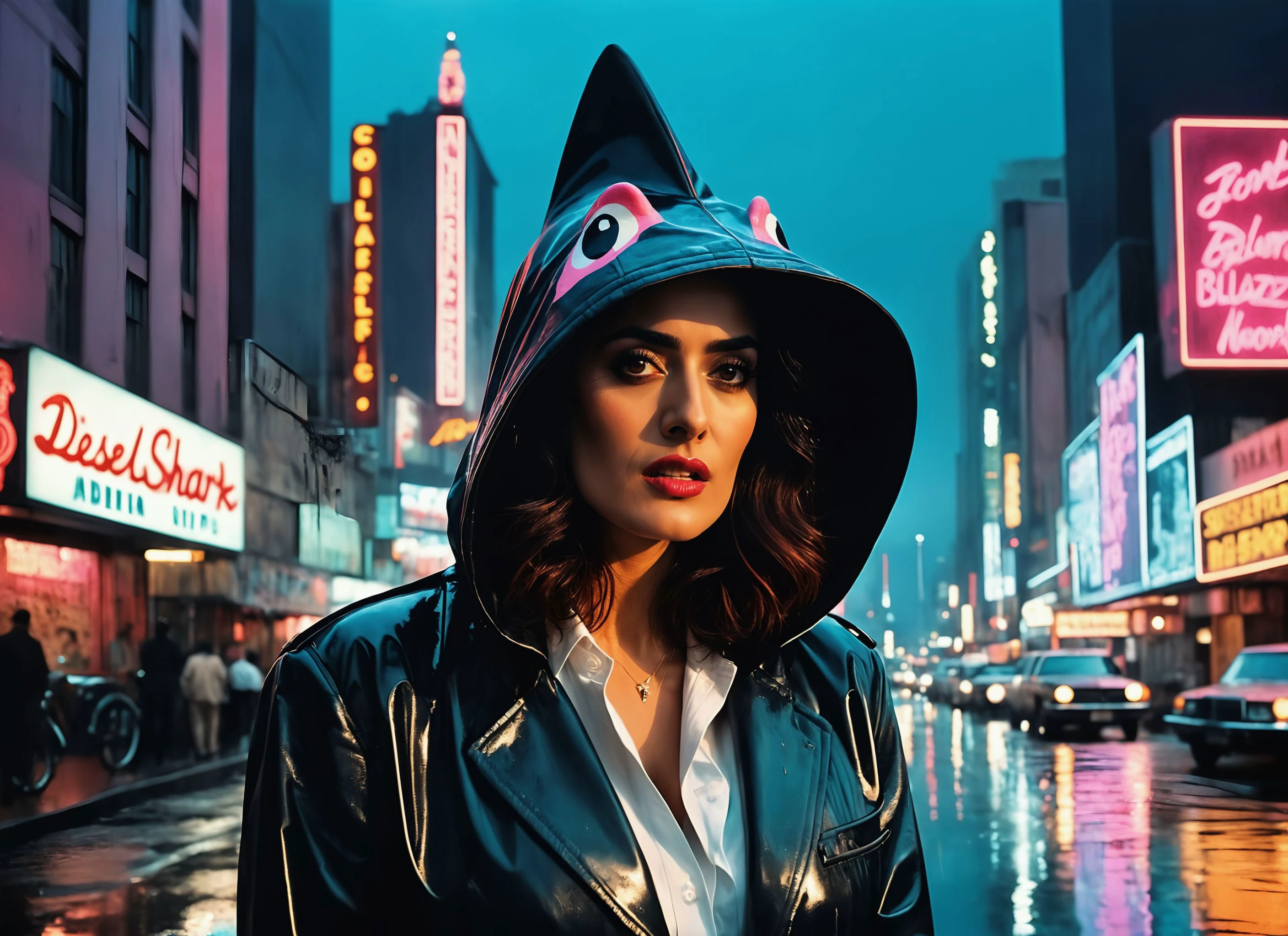 (Salma Hayek), nighttime, cyberpunk city, dark, raining, neon lights ((,Wearing a blazer over a hoodie)), blazer, hoodie, (<lora:DieselPunkAI:0.5> dieselpunkAI ), cyberpunk, synthwave, 1980s, futurism, brutalism, neuromancer, cinematic photo in a picnic, ((pinkfong shark)),analog, the contrast in colors and textures should be distinct highly detailed, surreal, vibrant yet slightly desaturated, faded film, desaturated, 35mm photo, grainy, vignette, vintage, Kodachrome, Lomography, stained, highly detailed, found footage